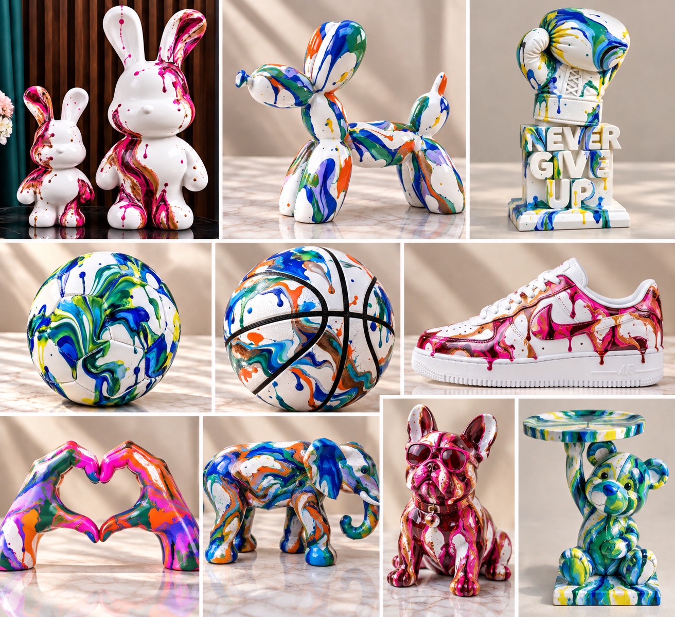 Collection of drip painted sculptures