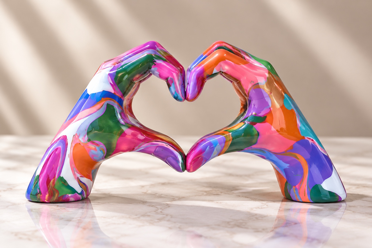 Colorful heart hands sculpture